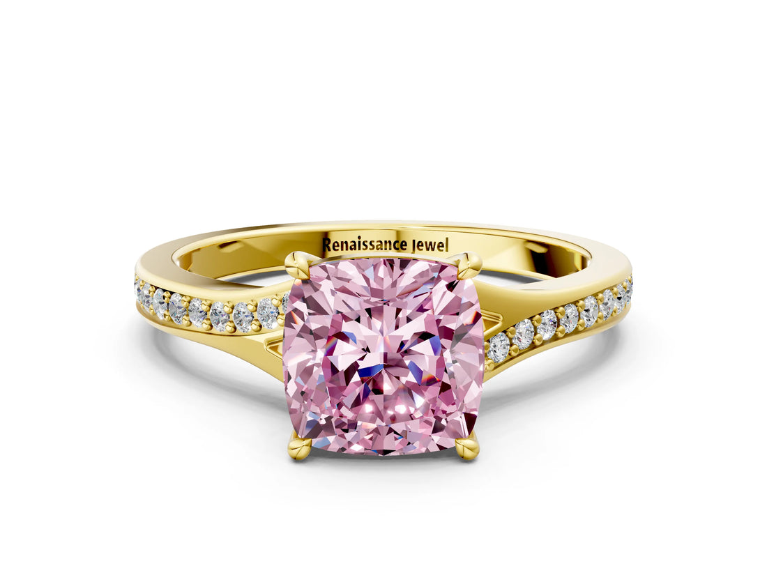 Yellow gold Fancy Pink Cushion Cut Diamond Solitaire Ring with Pavé Band and Prong Setting_12
