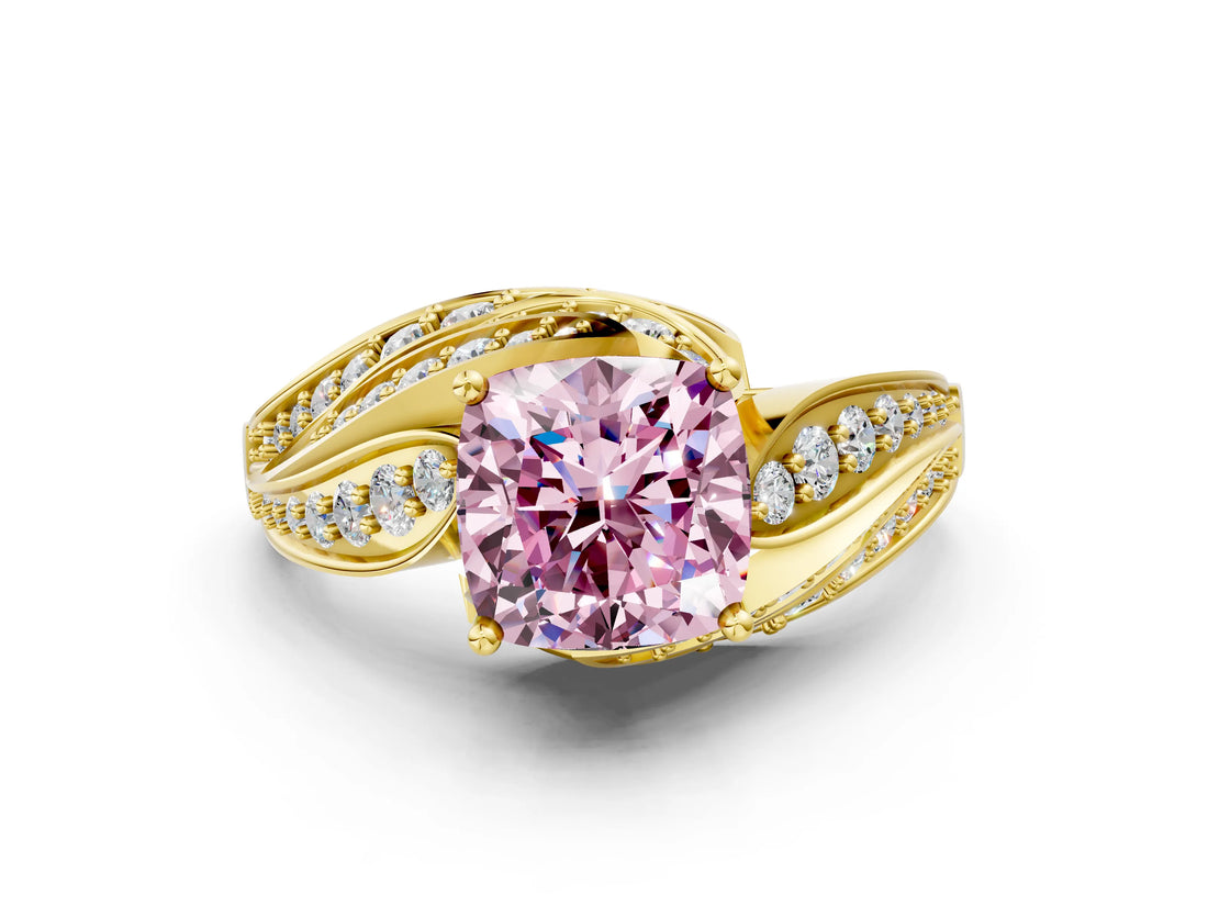 Yellow gold Fancy Pink Cushion Cut Diamond Solitaire Ring with Prong Setting and Twisted Pavé Band
