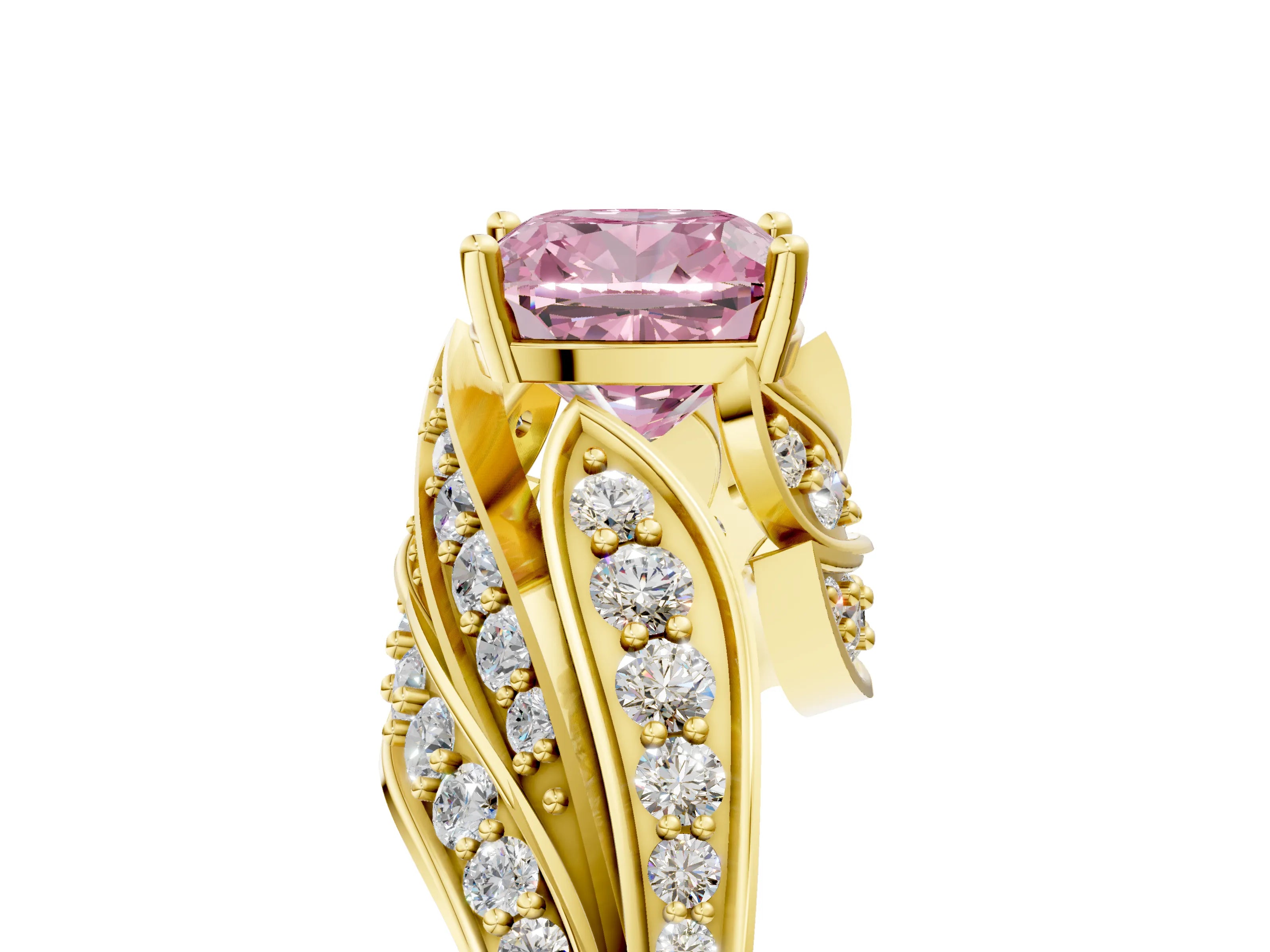Yellow gold Fancy Pink Cushion Cut Diamond Solitaire Ring with Prong Setting and Twisted Pavé Band_5