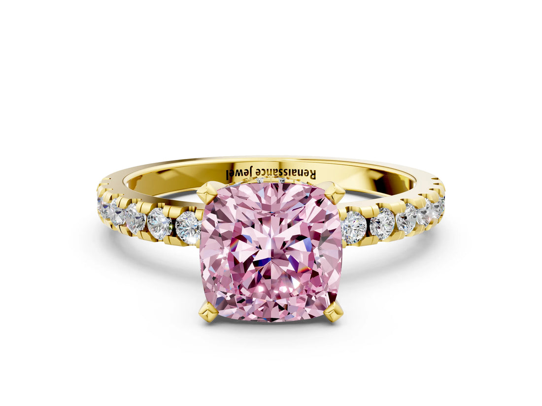 Yellow gold Fancy Pink Cushion Cut Diamond Solitaire Ring with Round  Pavé Band and Four-Prong Setting_36