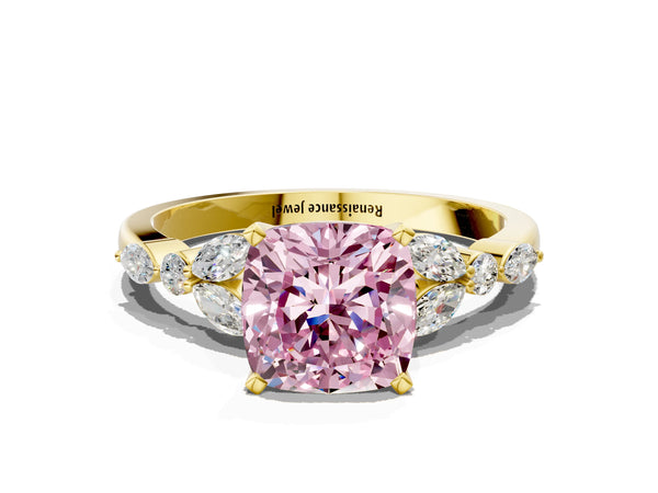 Yellow gold Fancy Pink Cushion Cut Diamond Solitaire Ring with Side Stones and Four-Prong Setting