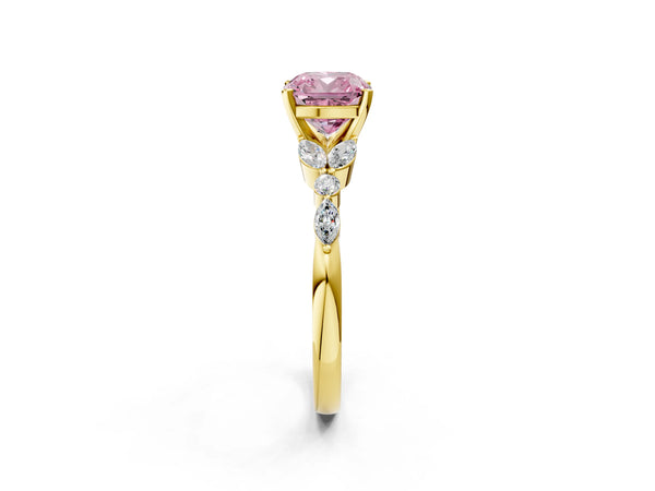 Yellow gold Fancy Pink Cushion Cut Diamond Solitaire Ring with Side Stones and Four-Prong Setting