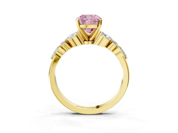 Yellow gold Fancy Pink Cushion Cut Diamond Solitaire Ring with Side Stones and Four-Prong Setting