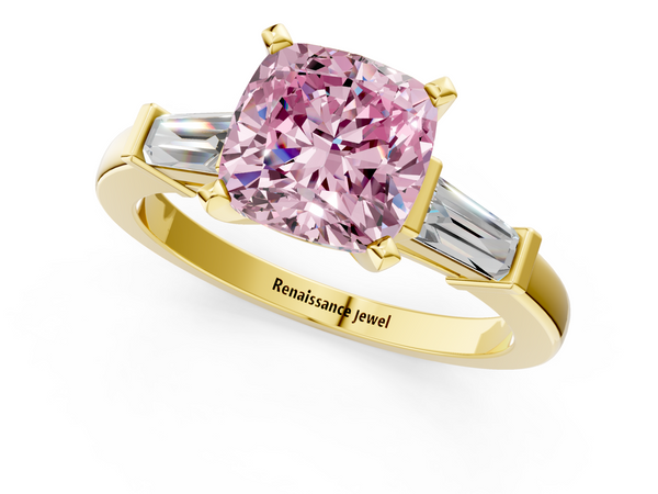 Yellow gold Fancy Pink Cushion  Cut Diamond Solitaire Ring with Tapered Baguette Accents and Four-Prong Setting