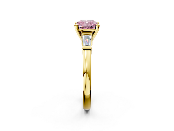 Yellow gold Fancy Pink Cushion  Cut Diamond Solitaire Ring with Tapered Baguette Accents and Four-Prong Setting