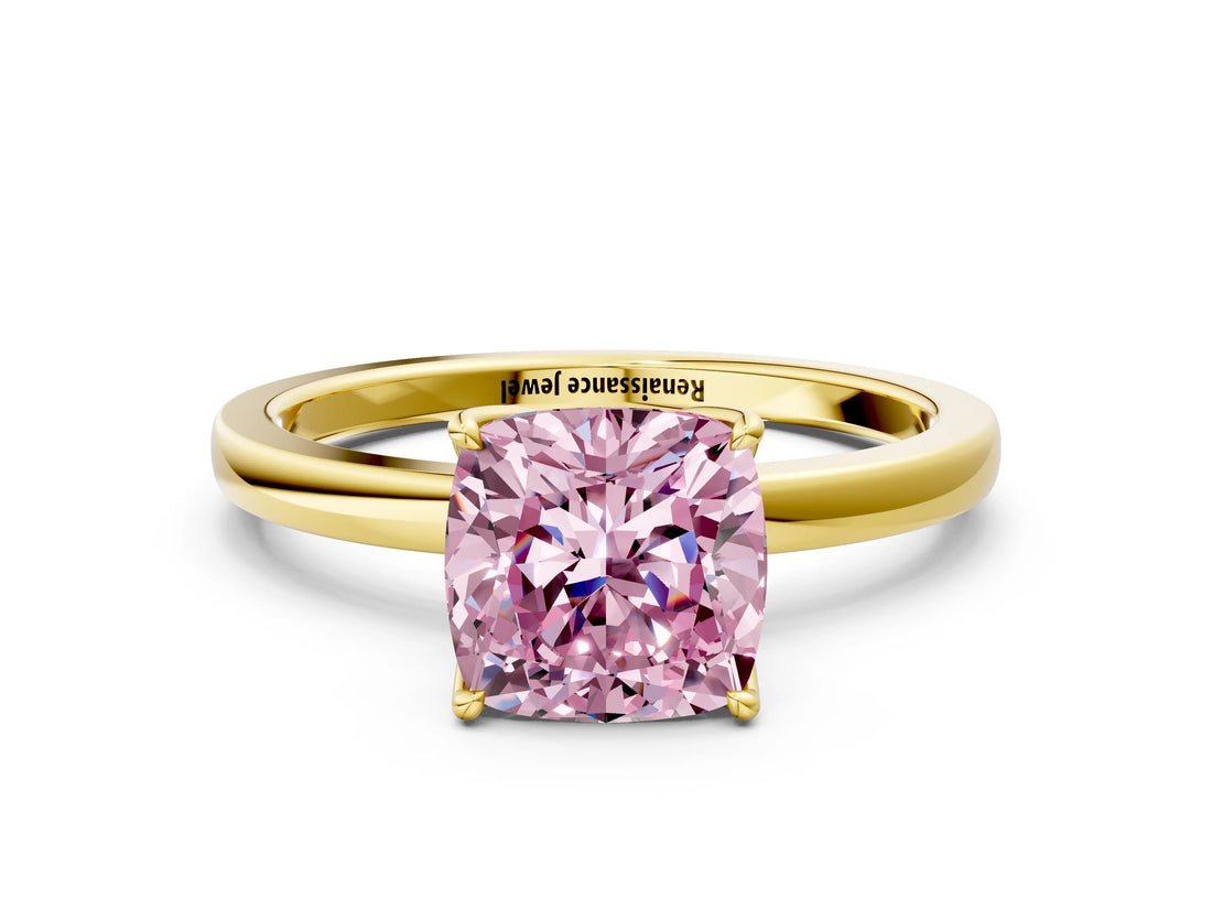 Yellow gold Fancy Pink Cushion Cut Diamond Solitaire Ring with Thin Band and Prong Setting_12