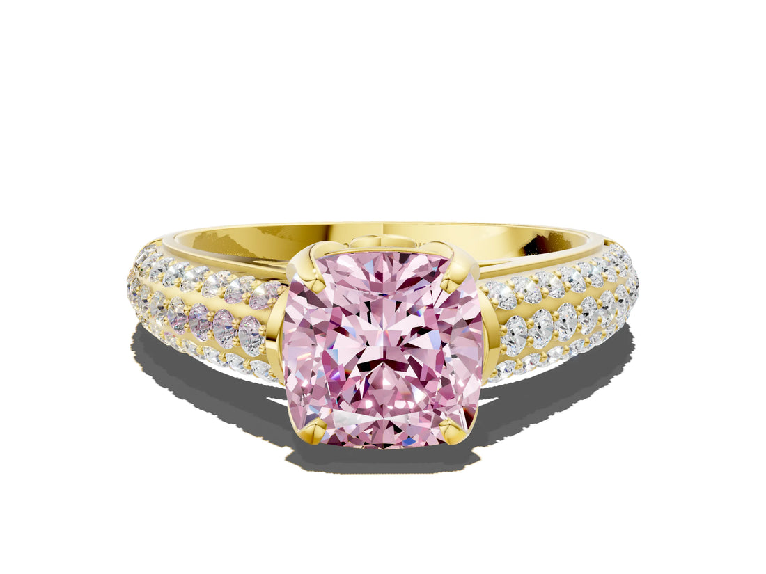 Yellow gold Fancy Pink Cushion Cut Diamond Solitaire Ring with Three-Row Pavé Band and Four-Prong Setting_37