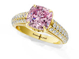 Yellow gold Fancy Pink Cushion Cut Diamond Solitaire Ring with Three-Row Pavé Band and Four-Prong Setting_38