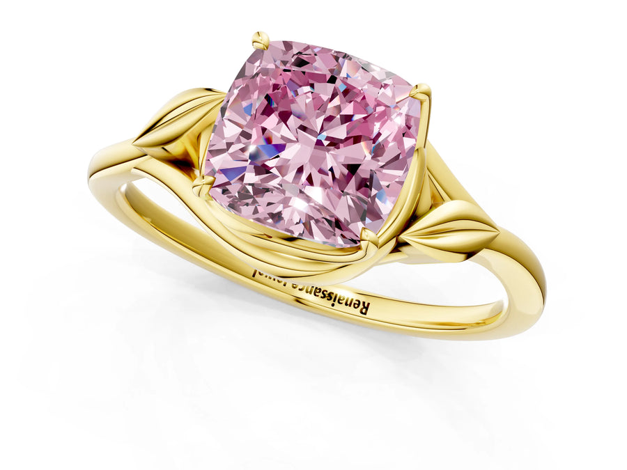 Yellow gold Fancy Pink Cushion Cut Diamond Solitaire Ring with Twist Band and Four-Prong Setting