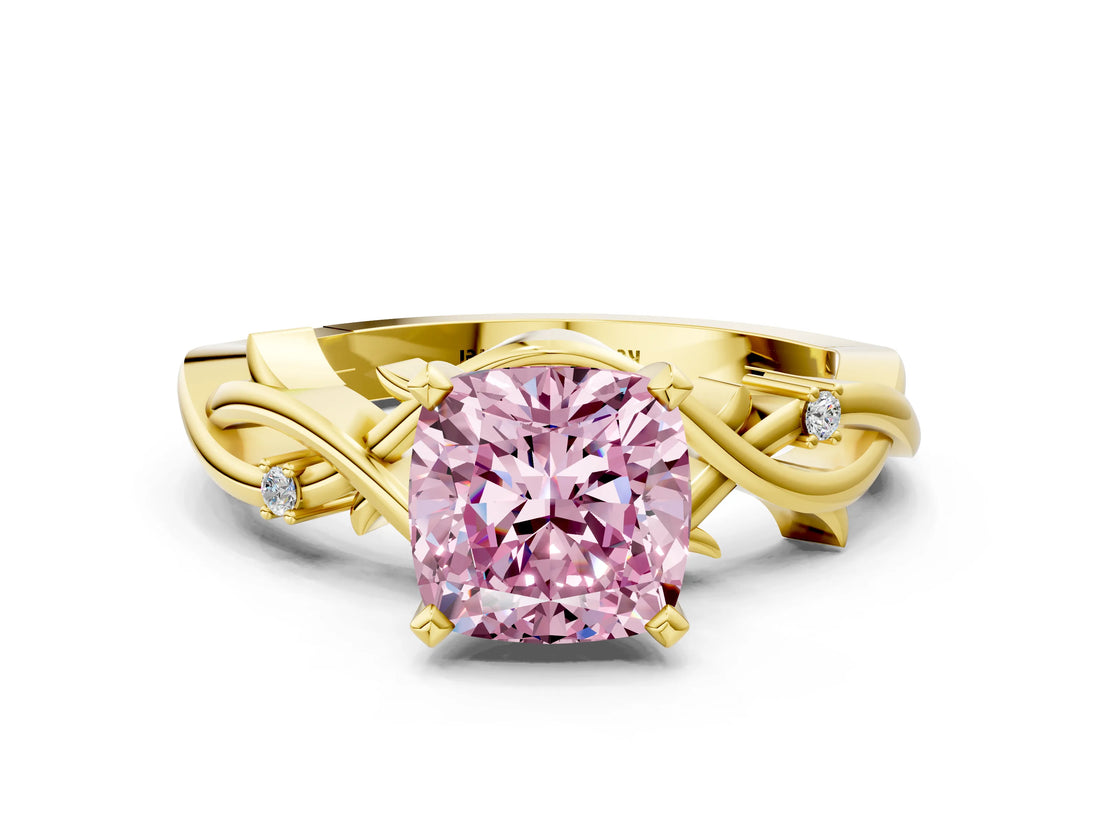 Yellow gold Fancy Pink Cushion Cut Diamond Solitaire Ring with Twisted Band and Prong Setting_111