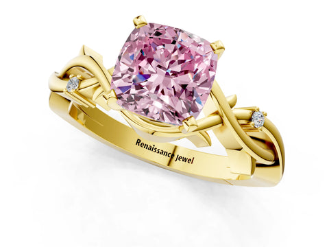 Yellow gold Fancy Pink Cushion Cut Diamond Solitaire Ring with Twisted Band and Prong Setting_112