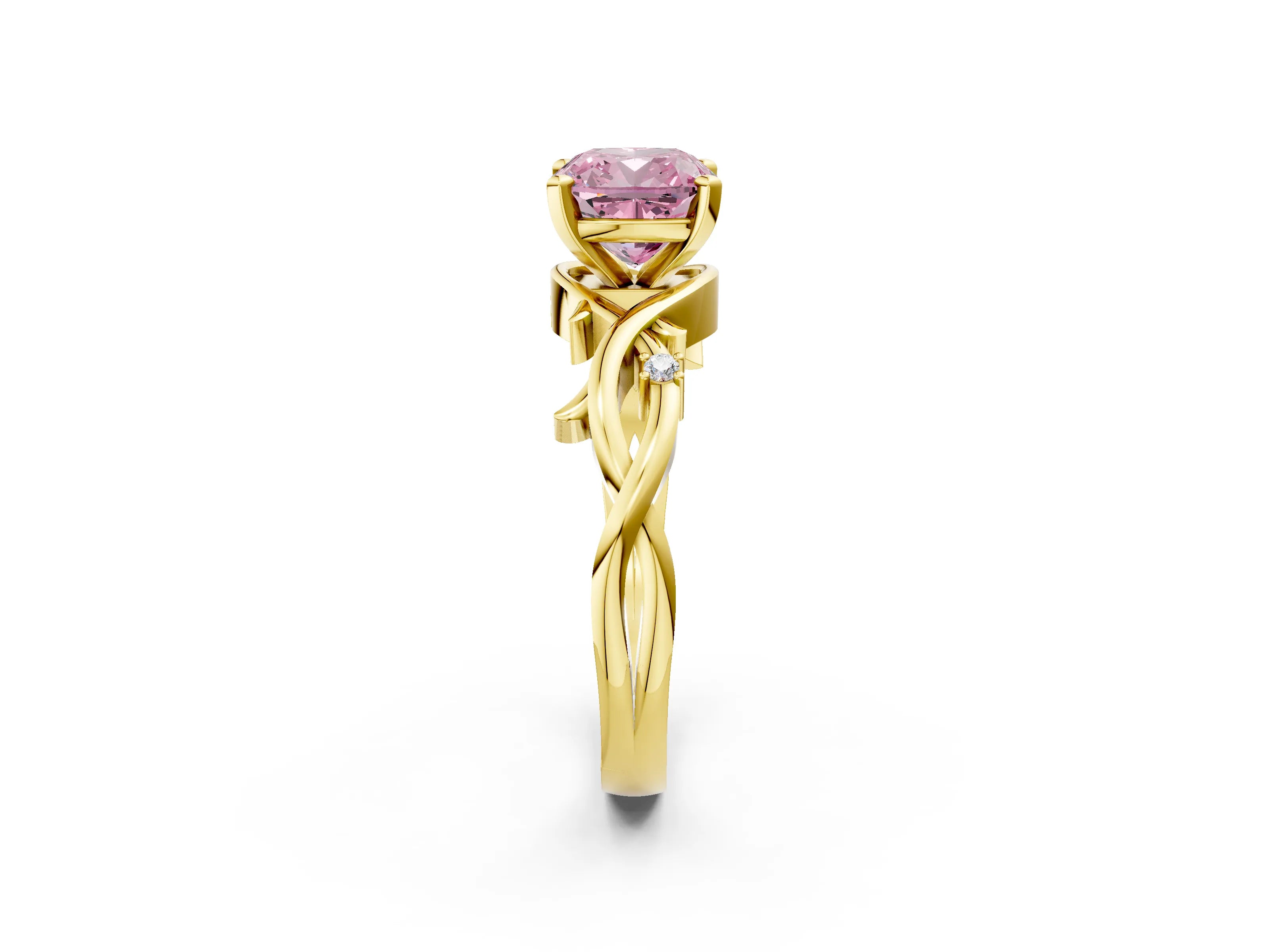 Yellow gold Fancy Pink Cushion Cut Diamond Solitaire Ring with Twisted Band and Prong Setting_113