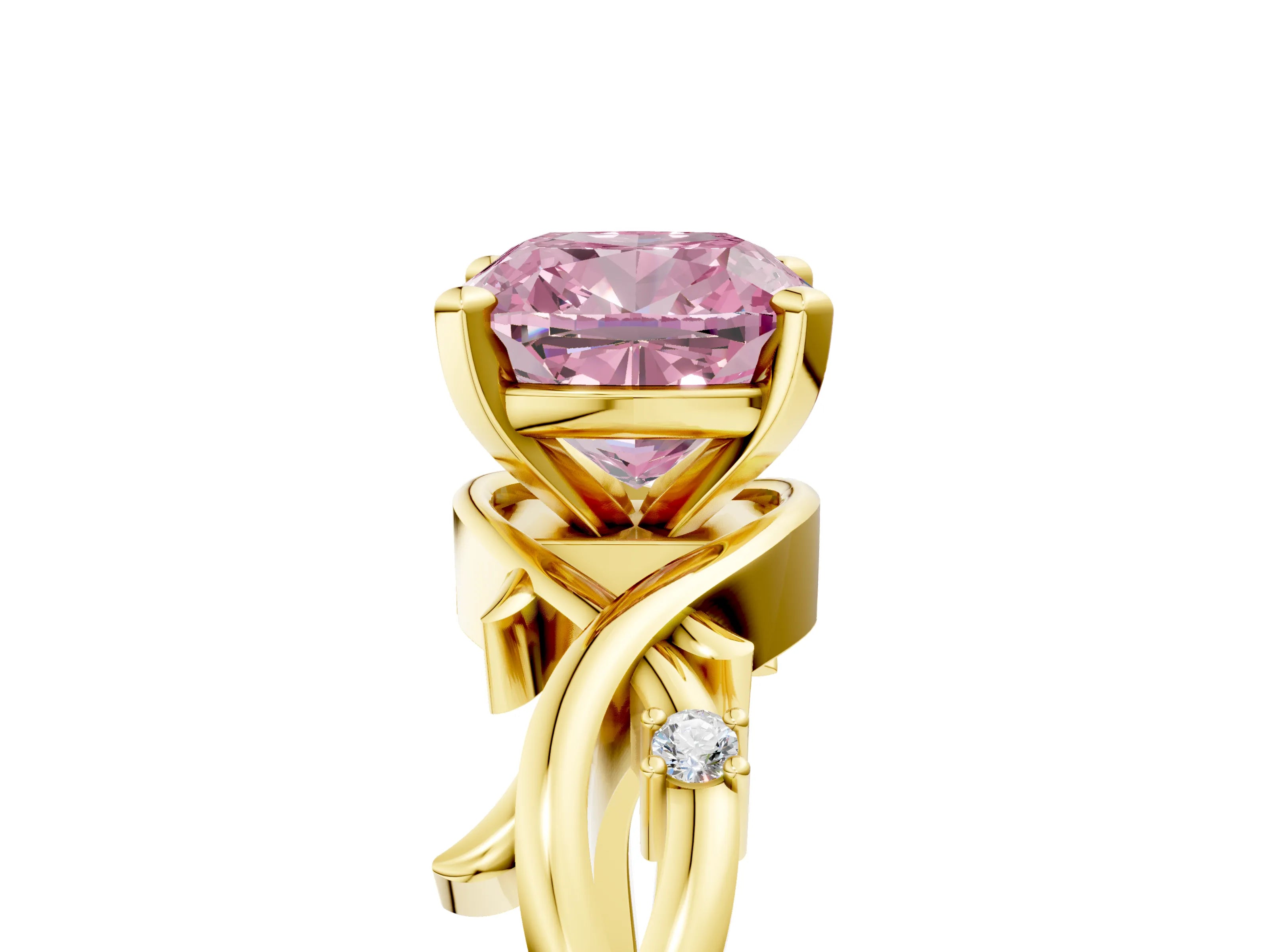 Yellow gold Fancy Pink Cushion Cut Diamond Solitaire Ring with Twisted Band and Prong Setting_116