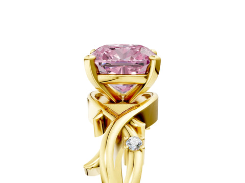 Yellow gold Fancy Pink Cushion Cut Diamond Solitaire Ring with Twisted Band and Prong Setting_116