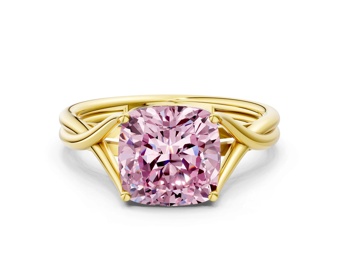 Yellow gold Fancy Pink Cushion Cut Diamond Solitaire Twist Band Prong Setting Ring_72