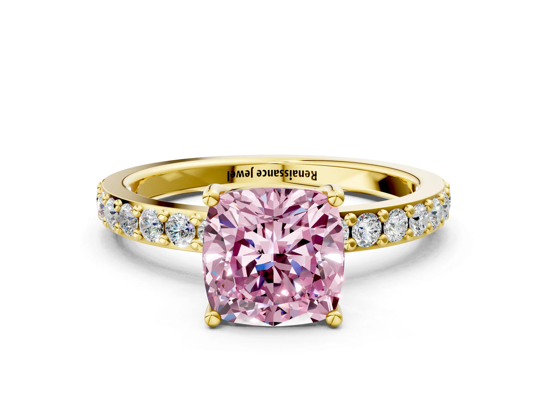 Yellow gold Fancy Pink Cushion  Cut Diamond Solitaire with Pave Band and Four-Prong Setting