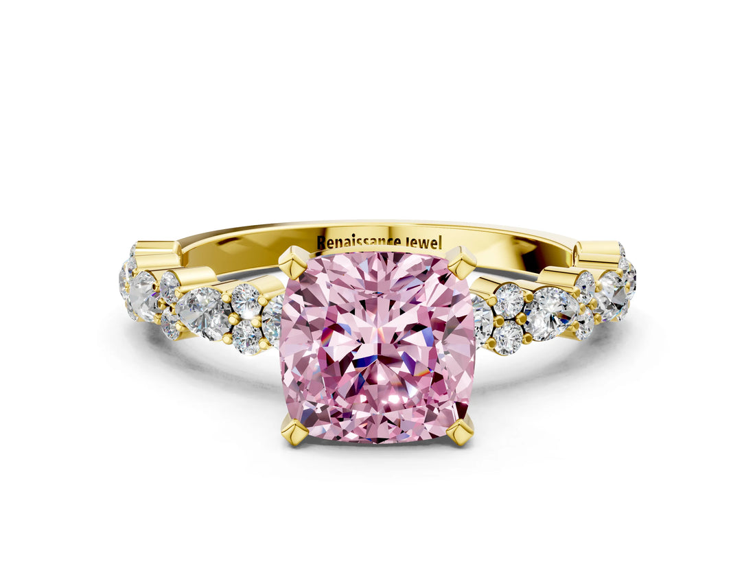 Yellow gold Fancy Pink Cushion Cut Diamond Solitaire with Side Stones, Pave Band, Four-Prong Setting_113