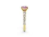 Yellow gold Fancy Pink Cushion Cut Diamond Solitaire with Side Stones, Pave Band, Four-Prong Setting_115