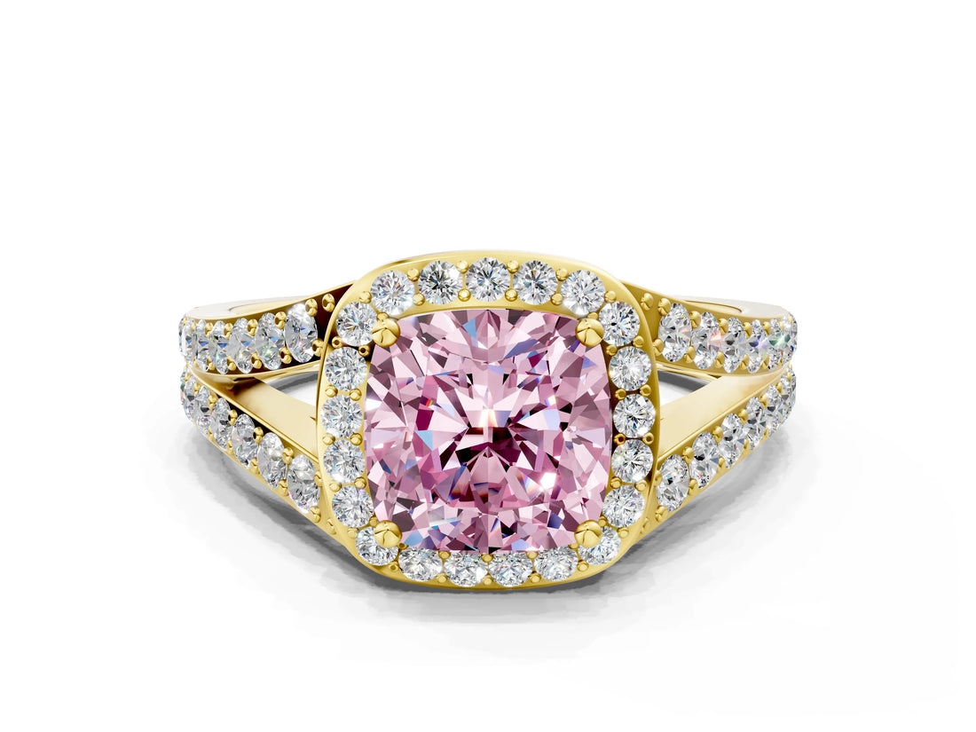 Yellow gold Fancy Pink Cushion Cut Diamond Split Shank Halo Ring with Four-Prong Setting_58