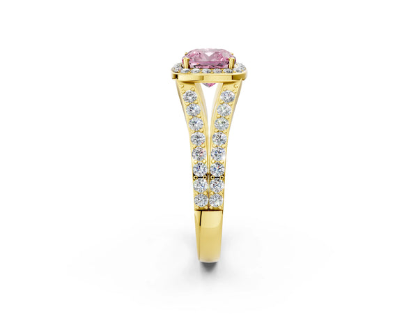 Yellow Gold Cushion Cut Halo Engagement Ring Setting for Fancy Pink Center with Narrow Pave Split Shank