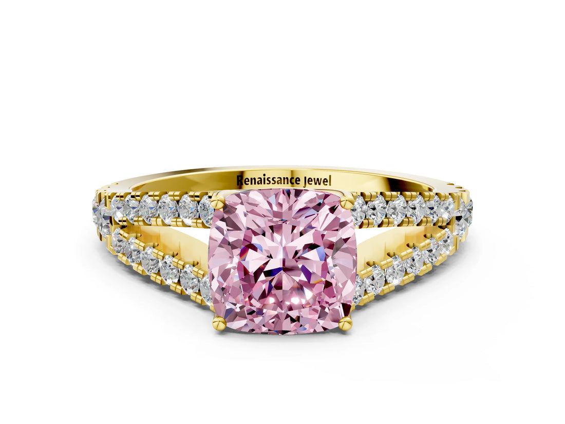 Yellow gold Fancy Pink Cushion Cut Diamond Split Shank Pavé Engagement Ring with Four-Prong Setting_80