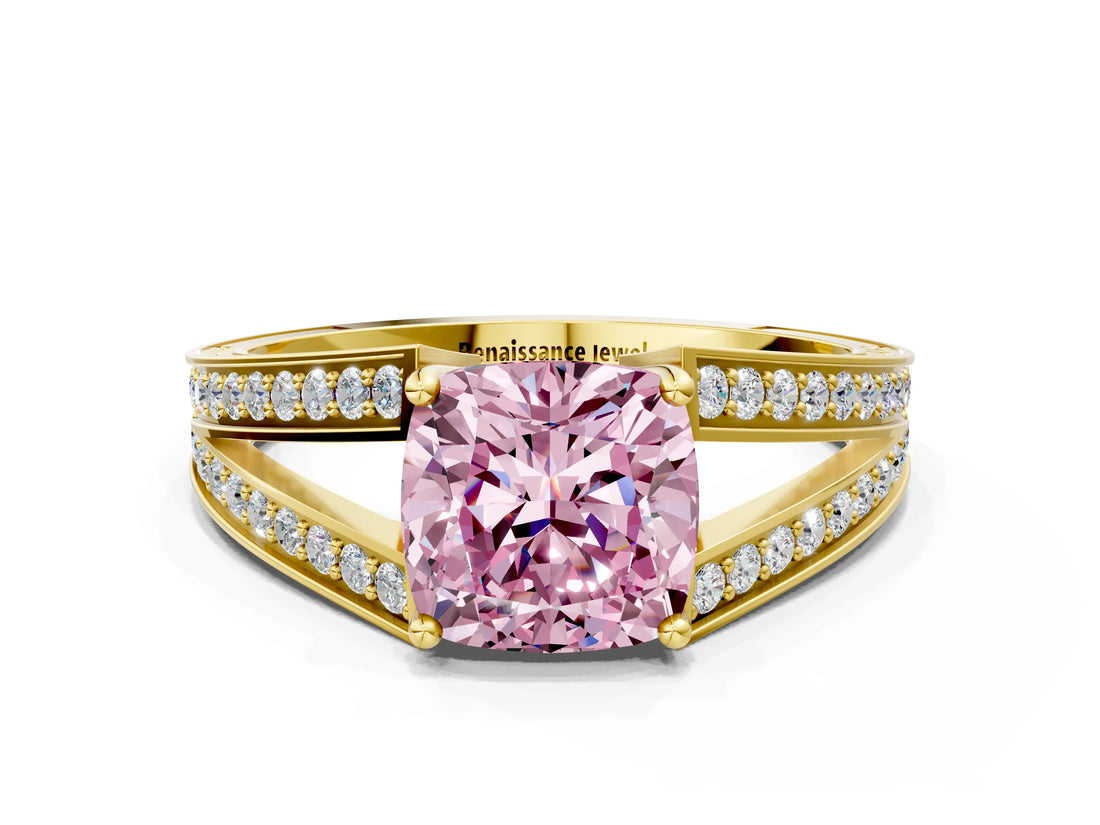 Yellow gold Fancy Pink Cushion Cut Diamond Split Shank Ring with Pavé Band and Four-Prong Setting_58