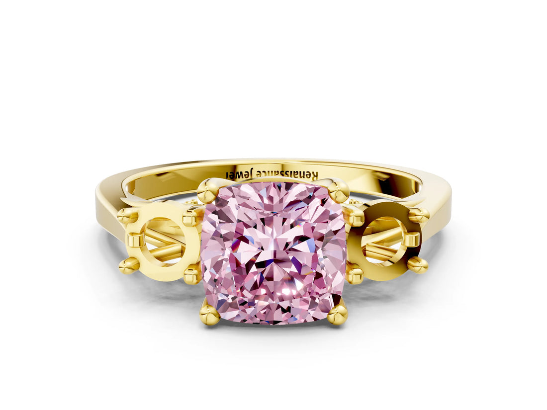 Yellow gold Fancy Pink Cushion Cut Diamond Three-Stone Engagement Ring with Prong Setting and Pavé Band