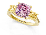 Yellow gold Fancy Pink Cushion Cut Diamond Three-Stone Engagement Ring with Prong Setting and Pavé Band_1