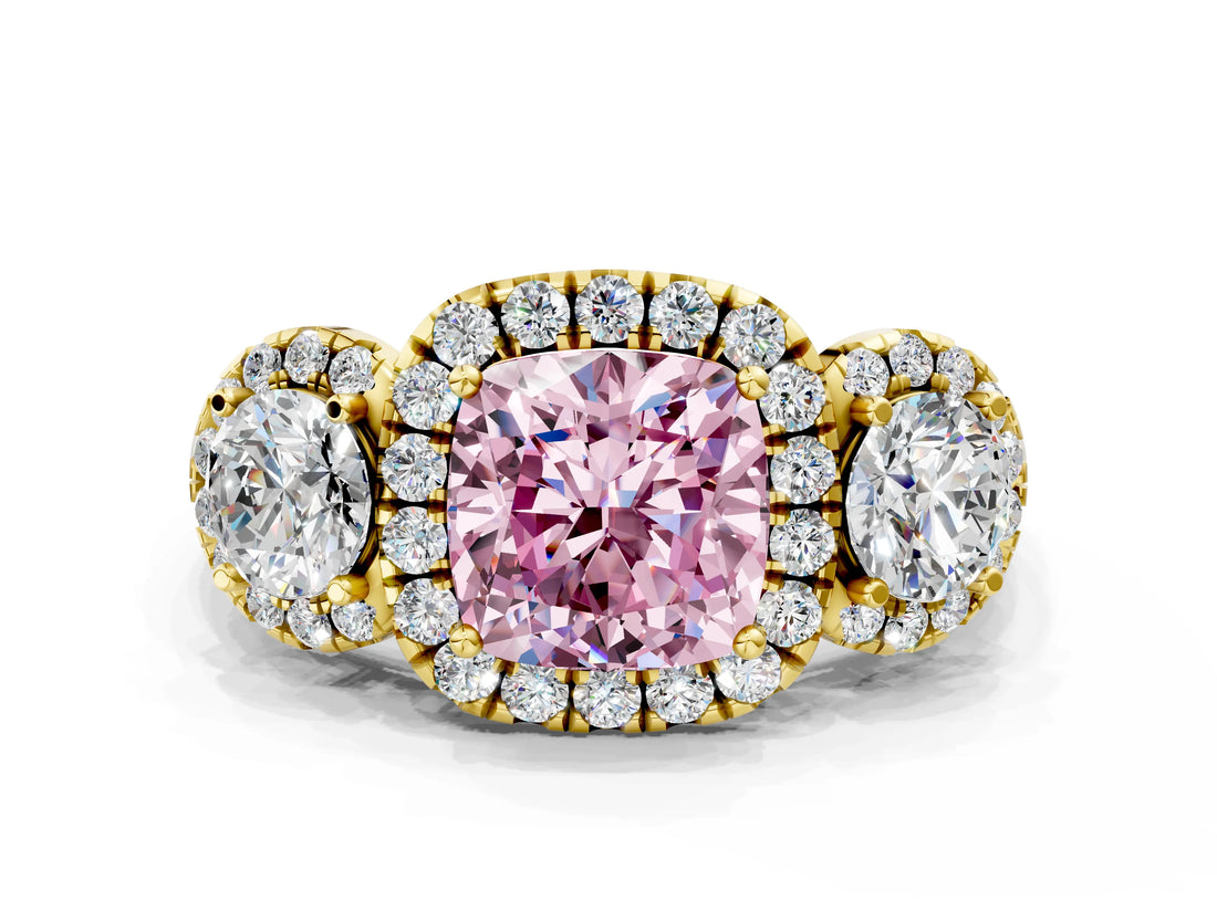 Yellow gold Fancy Pink Cushion Cut Diamond Three-Stone Halo Ring with Prong Setting and Pavé Accents