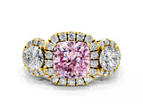 Yellow gold Fancy Pink Cushion Cut Diamond Three-Stone Halo Ring with Prong Setting and Pavé Accents