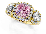 Yellow gold Fancy Pink Cushion Cut Diamond Three-Stone Halo Ring with Prong Setting and Pavé Accents_1