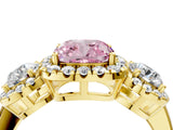 Yellow gold Fancy Pink Cushion Cut Diamond Three-Stone Halo Ring with Prong Setting and Pavé Accents_4