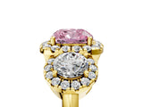 Yellow gold Fancy Pink Cushion Cut Diamond Three-Stone Halo Ring with Prong Setting and Pavé Accents_5