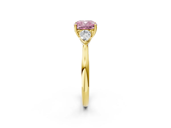 Yellow Gold Cushion Cut Three Stone Pear Side Engagement Ring Setting for Fancy Pink Center