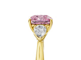 Yellow gold Fancy Pink Cushion Cut Diamond Three-Stone Ring with Pear Side Stones and Four-Prong Setting_89