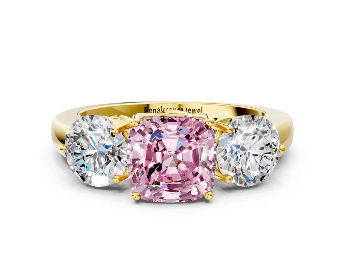 Yellow gold Fancy Pink Cushion Cut Diamond Three-Stone Ring with Prong Setting and Classic Band_122