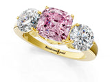 Yellow gold Fancy Pink Cushion Cut Diamond Three-Stone Ring with Prong Setting and Classic Band_123