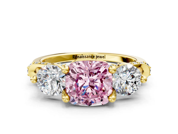 Yellow Gold Cushion Cut Curved Pave Three Stone Engagement Ring Setting for Fancy Pink Center