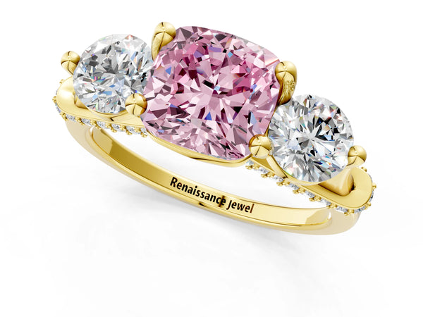 Yellow Gold Cushion Cut Curved Pave Three Stone Engagement Ring Setting for Fancy Pink Center