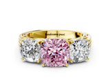 Yellow gold Fancy Pink Cushion Cut Diamond Three-Stone Ring with Prong Setting and Textured Band