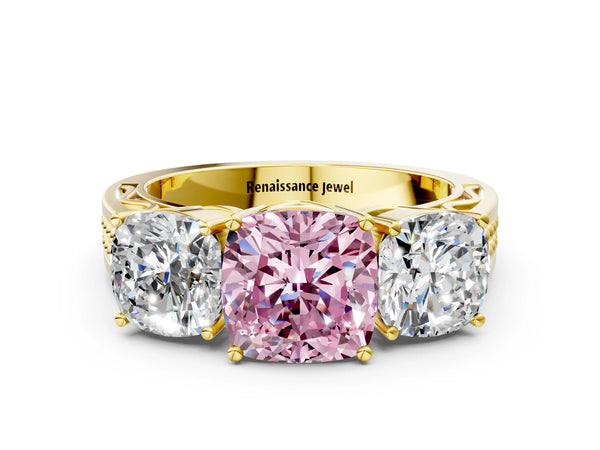 Yellow gold Fancy Pink Cushion Cut Diamond Three-Stone Ring with Prong Setting and Textured Band