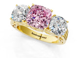 Yellow gold Fancy Pink Cushion Cut Diamond Three-Stone Ring with Prong Setting and Textured Band_1