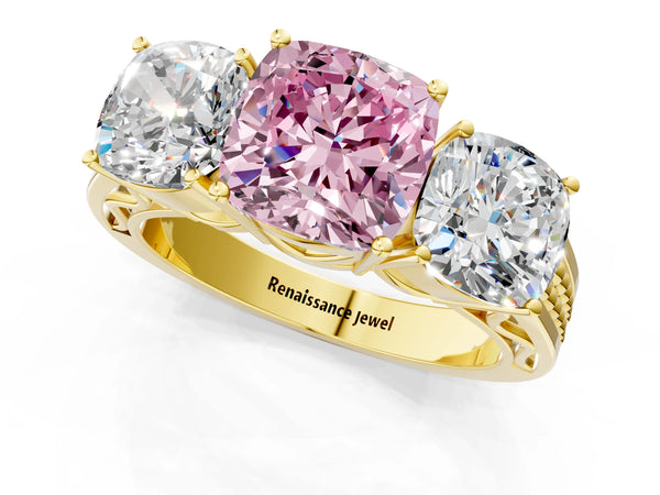 Yellow gold Fancy Pink Cushion Cut Diamond Three-Stone Ring with Prong Setting and Textured Band