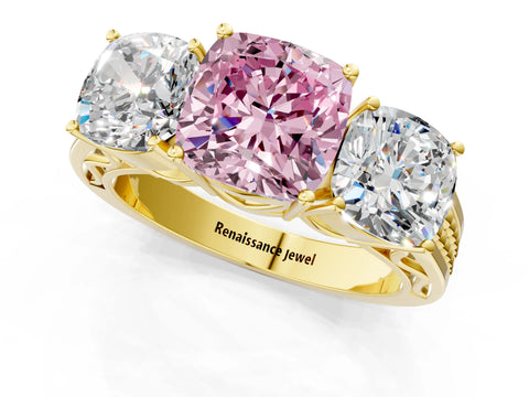 Yellow gold Fancy Pink Cushion Cut Diamond Three-Stone Ring with Prong Setting and Textured Band_1