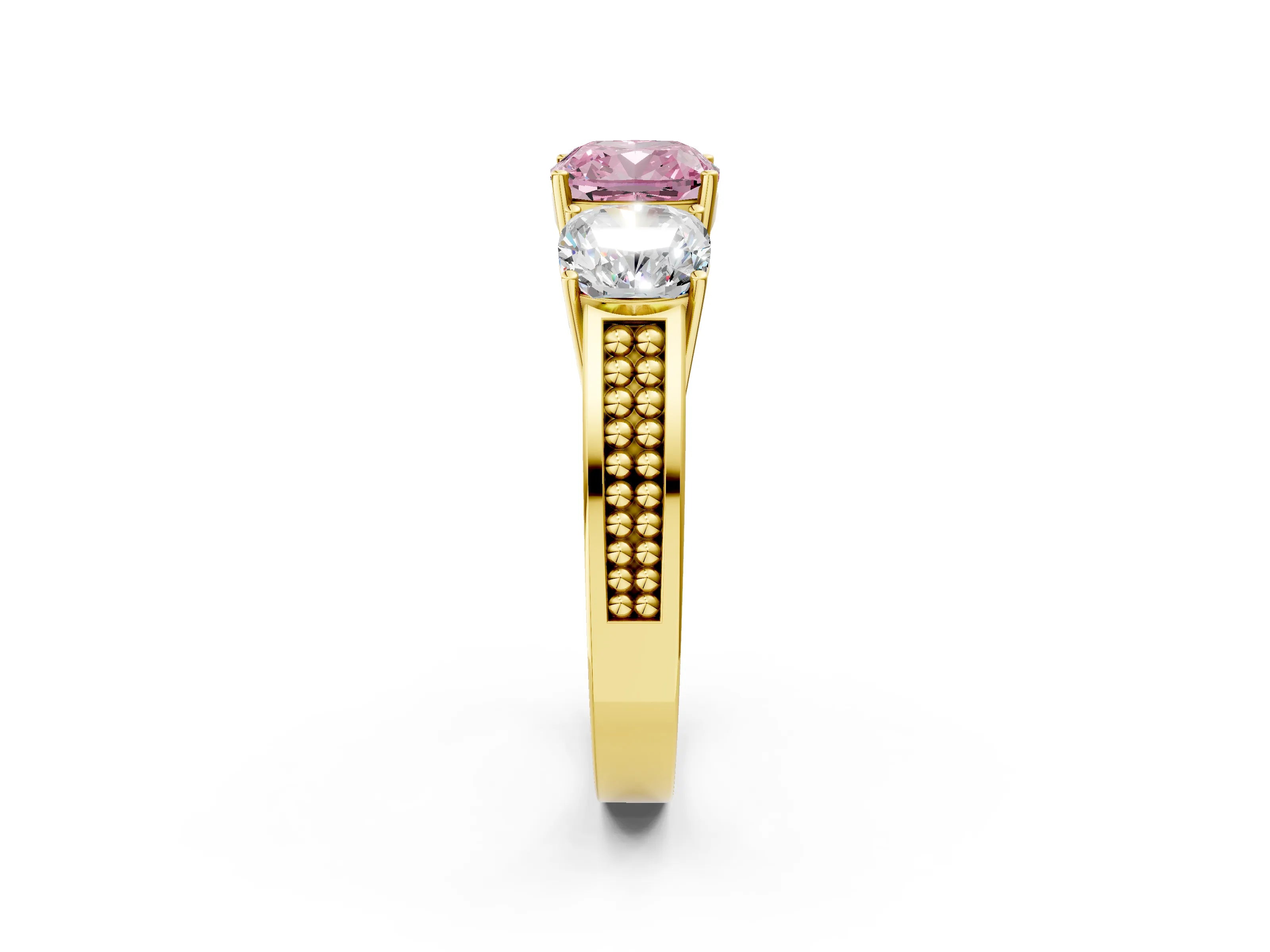 Yellow gold Fancy Pink Cushion Cut Diamond Three-Stone Ring with Prong Setting and Textured Band_2
