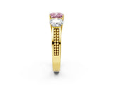 Yellow gold Fancy Pink Cushion Cut Diamond Three-Stone Ring with Prong Setting and Textured Band_2
