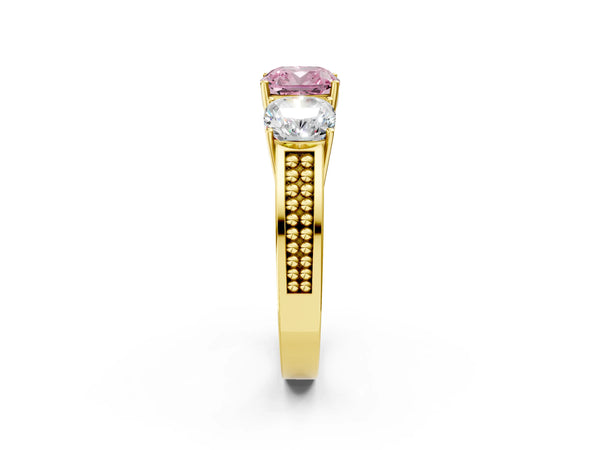 Yellow gold Fancy Pink Cushion Cut Diamond Three-Stone Ring with Prong Setting and Textured Band