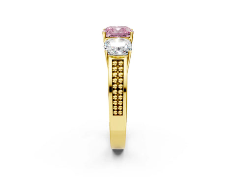 Yellow gold Fancy Pink Cushion Cut Diamond Three-Stone Ring with Prong Setting and Textured Band_2