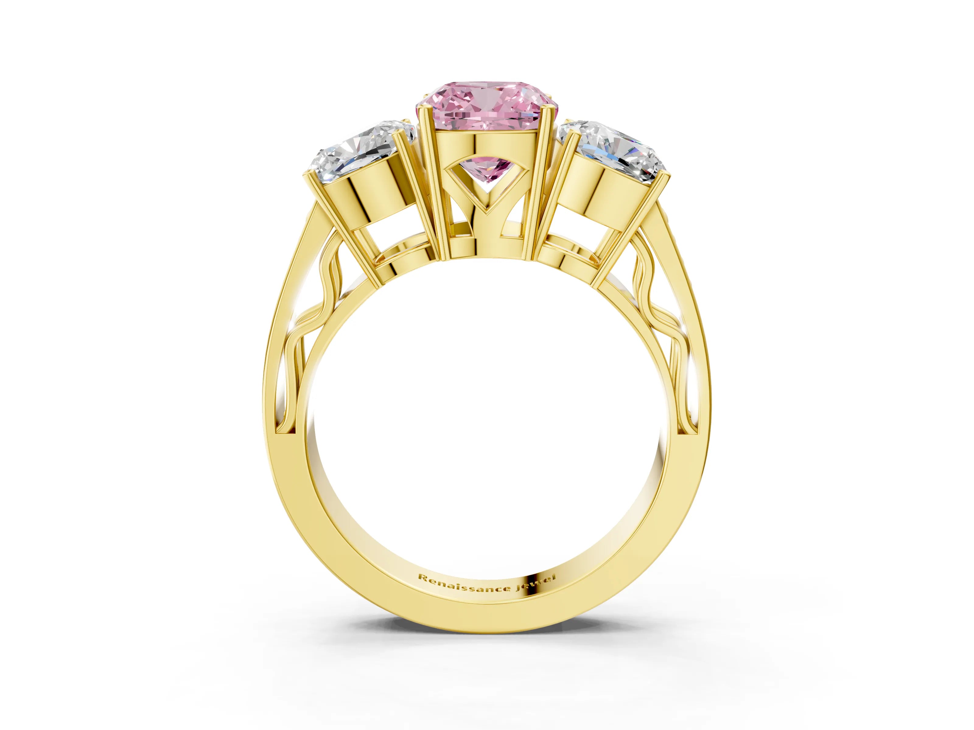 Yellow gold Fancy Pink Cushion Cut Diamond Three-Stone Ring with Prong Setting and Textured Band_3