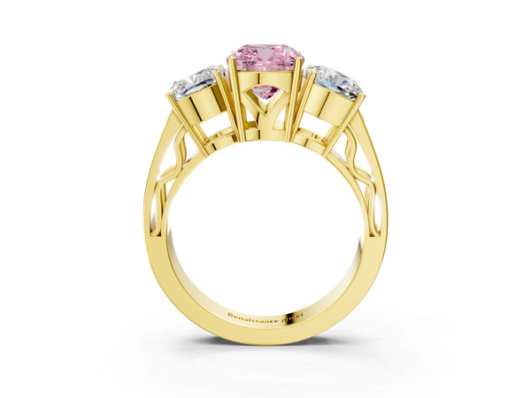 Yellow gold Fancy Pink Cushion Cut Diamond Three-Stone Ring with Prong Setting and Textured Band